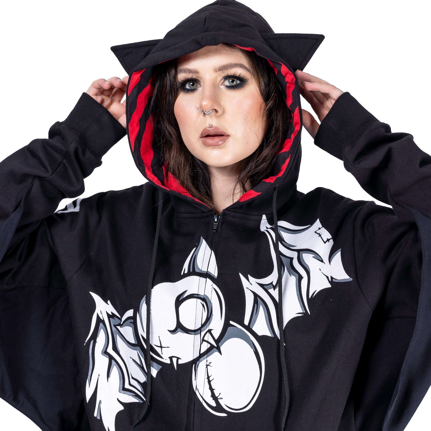model with dark makeup posing for Innocent Clothing wearing goth hoodie with cat ears shot by Amy Davies in Hove