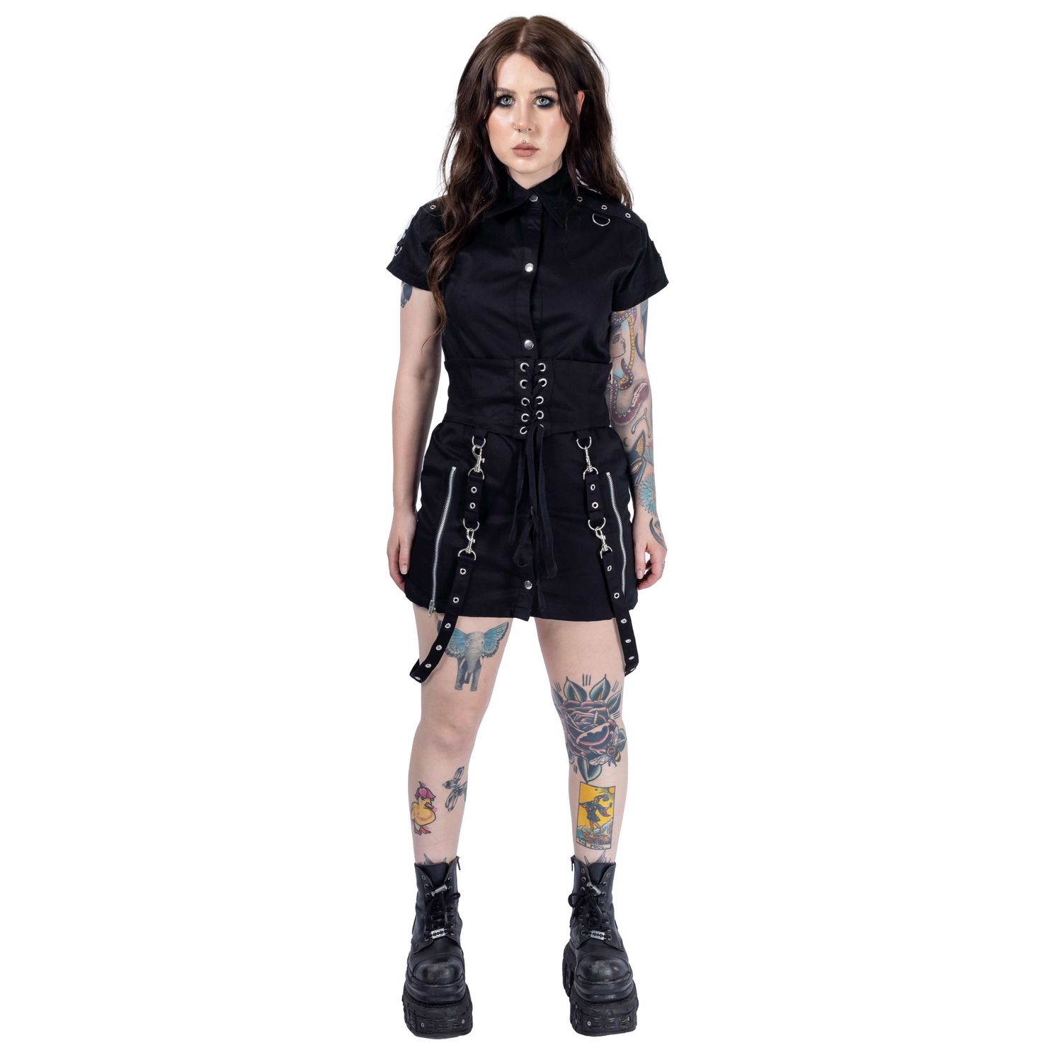 tattooed model with dark hair and makeup posing in gothic dress for Innocent Clothing shot by Amy Davies in Hove