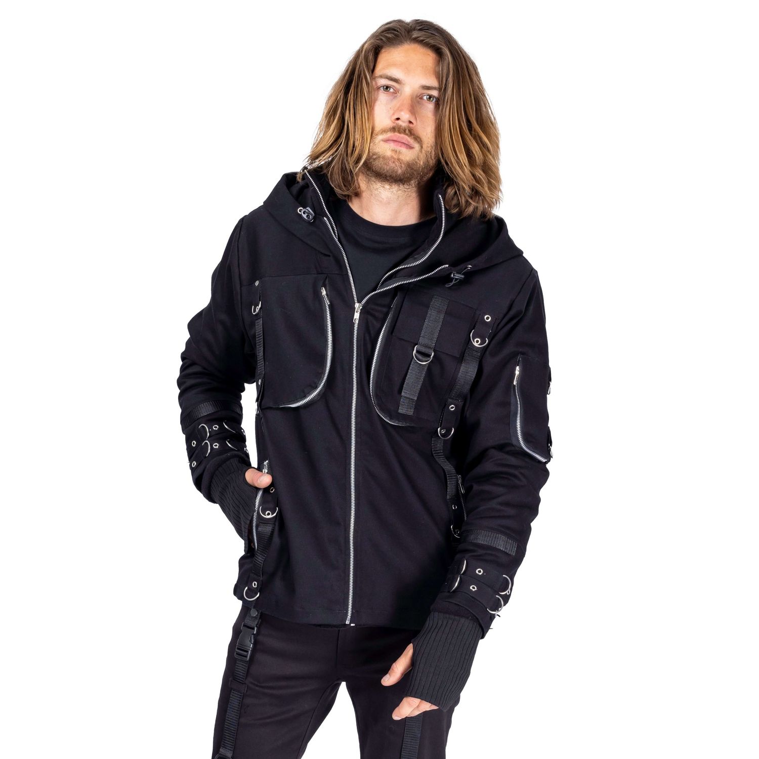 male model with long hair posing for Innocent Clothing in black gothic hoodie shot by Amy Davies in Hove