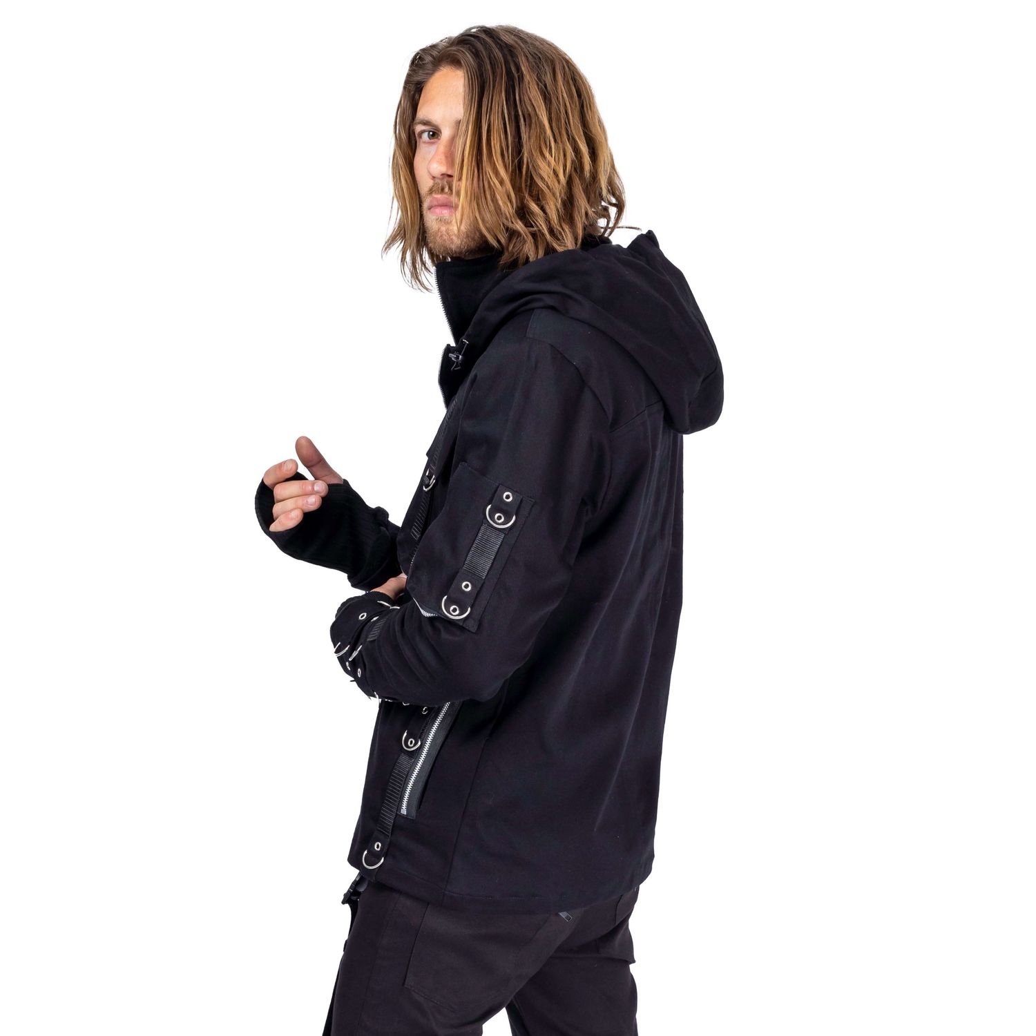 male model with long hair posing for Innocent Clothing wearing goth hoodie shot by Amy Davies in Hove studio