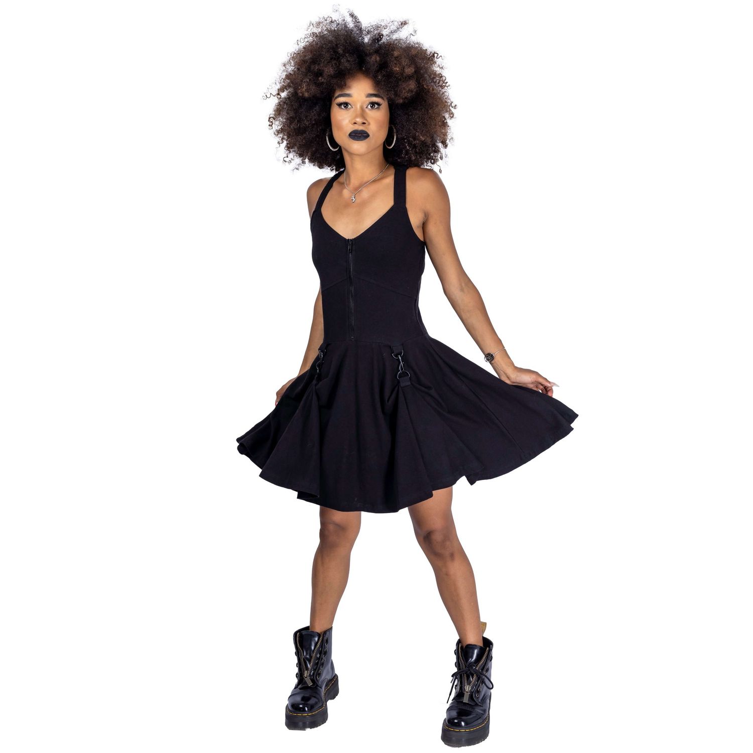 model with afro hair and dark makeup posing for Innocent Clothing in gothic black dress shot by Amy Davies in Hove
