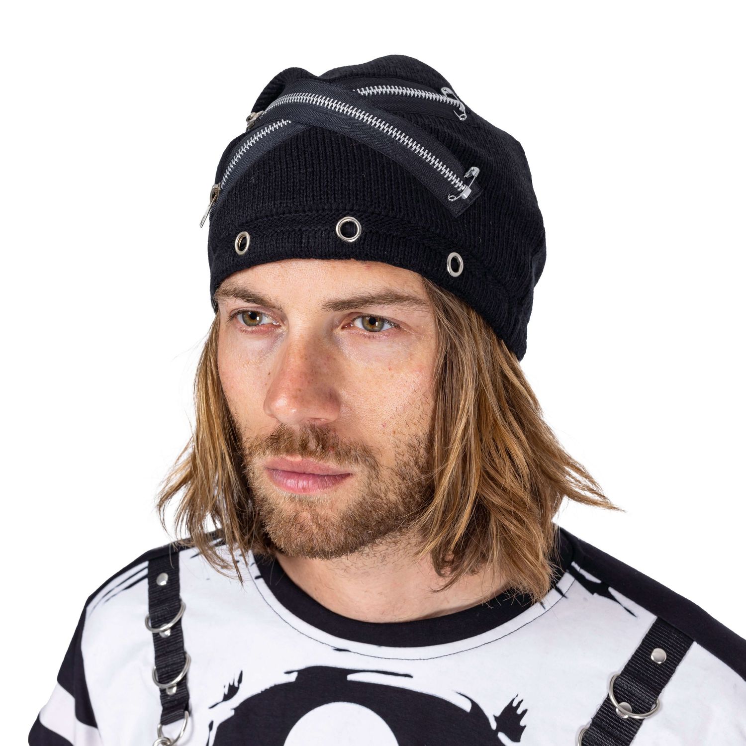 close up of male model with long hair posing for Innocent Clothing in gothic beanie shot by Amy Davies in Hove
