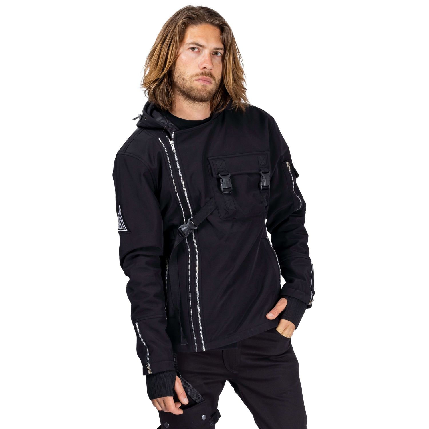 male model with long hair posing for Innocent Clothing in black gothic hoodie shot by Amy Davies in Hove