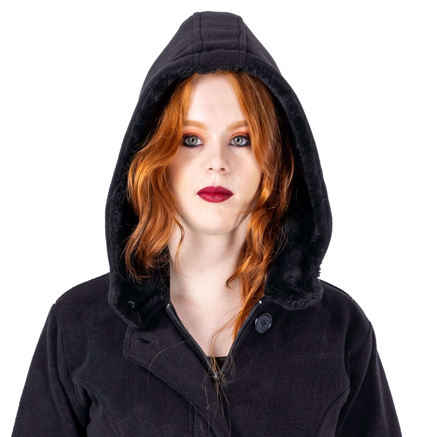 closeup of model wearing hooded goth style dress shot by Amy Davies for Innocent Clothing in Hove