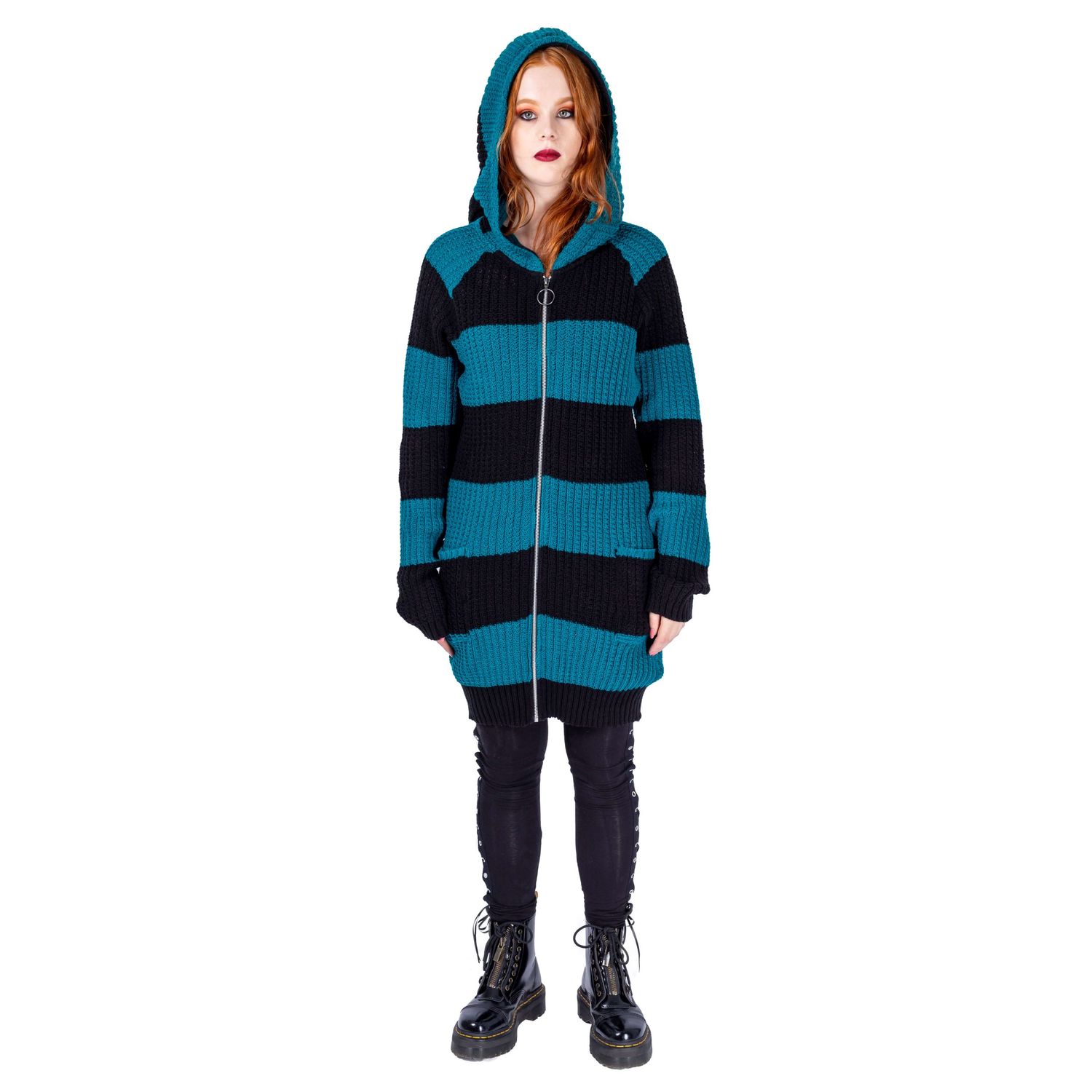 model with ginger hair and red lipstick posing in gothic striped hoodie shot by Amy Davies for Innocent Clothing in Hove