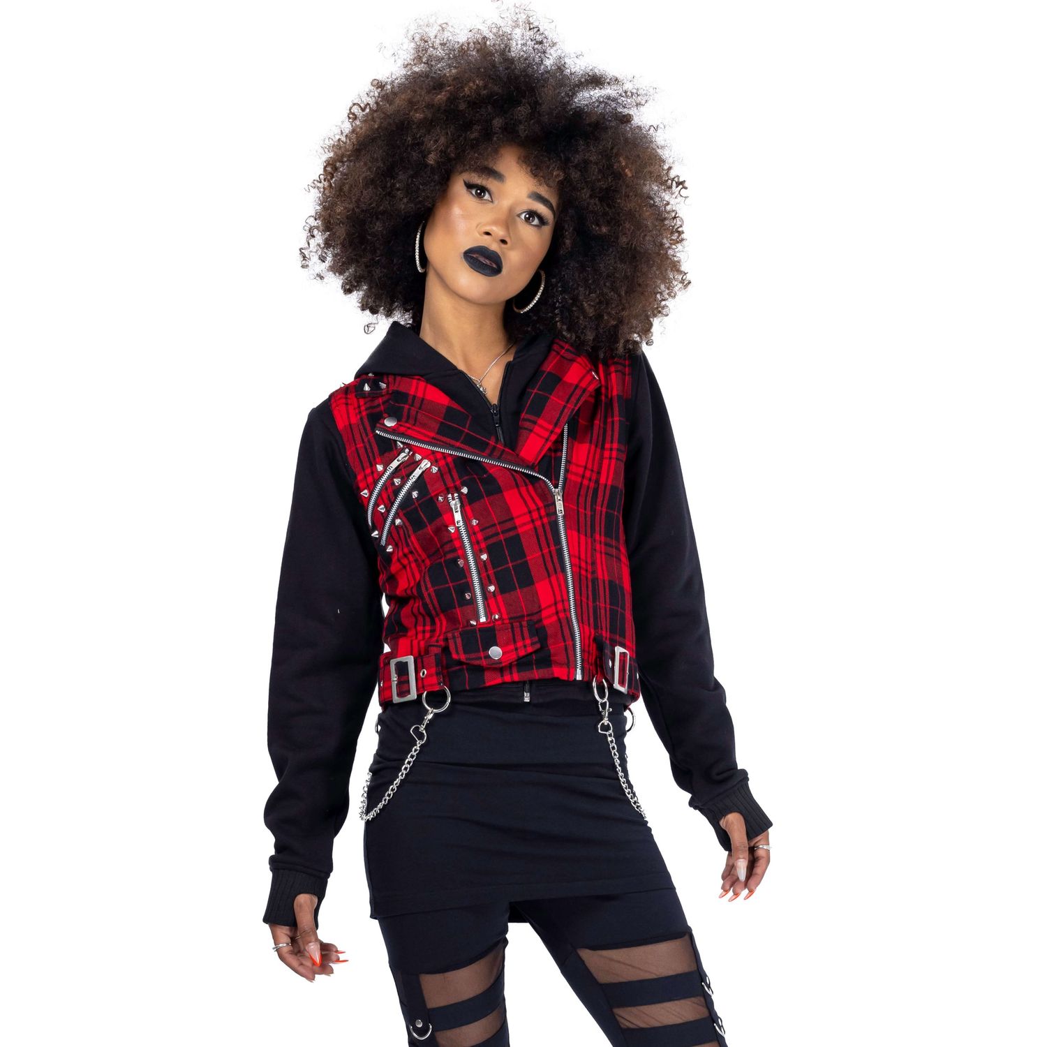 model with dark makeup and afro hair posing for Innocent Clothing in gothic jacket shot by Amy Davies in Hove