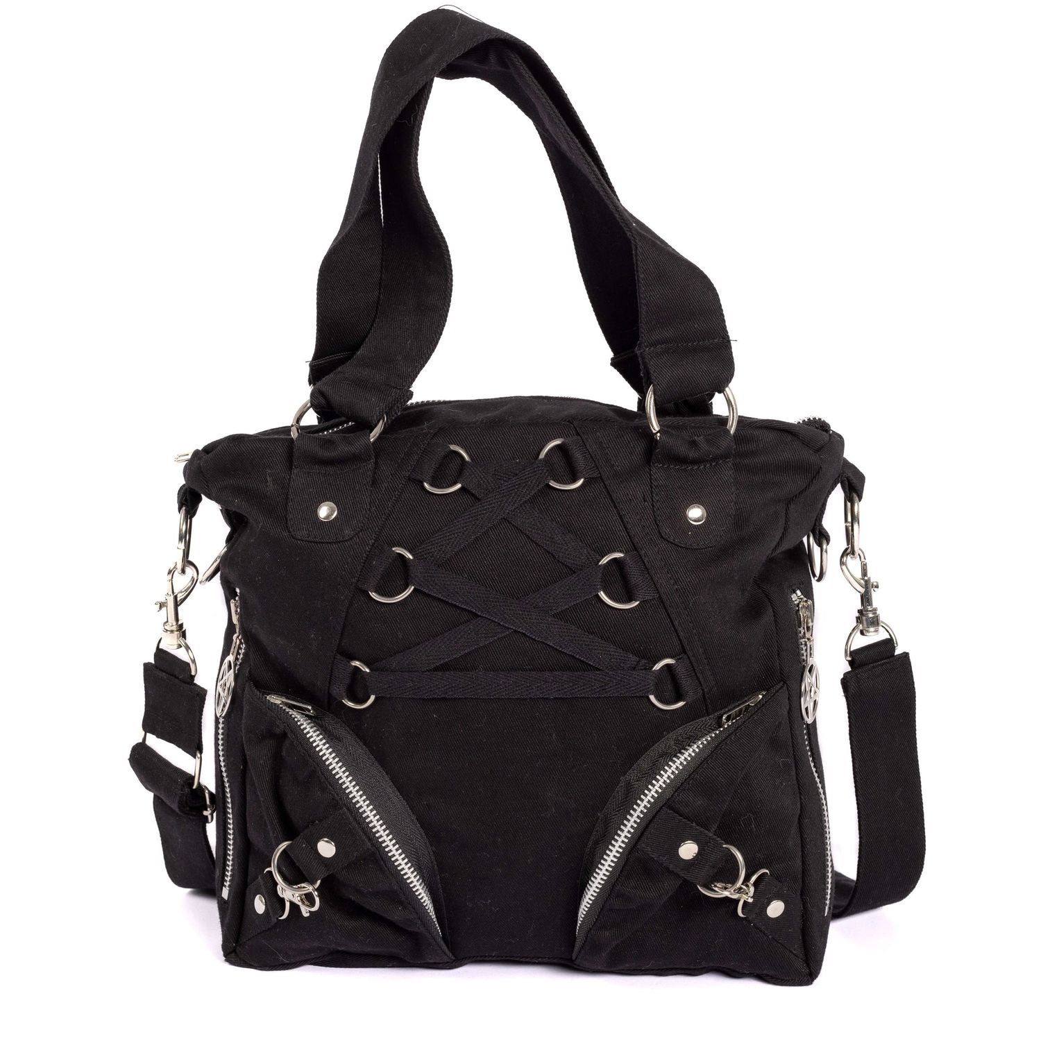 black bag with corset style straps and zips against a white background shot by Amy Davies Photography in Hove