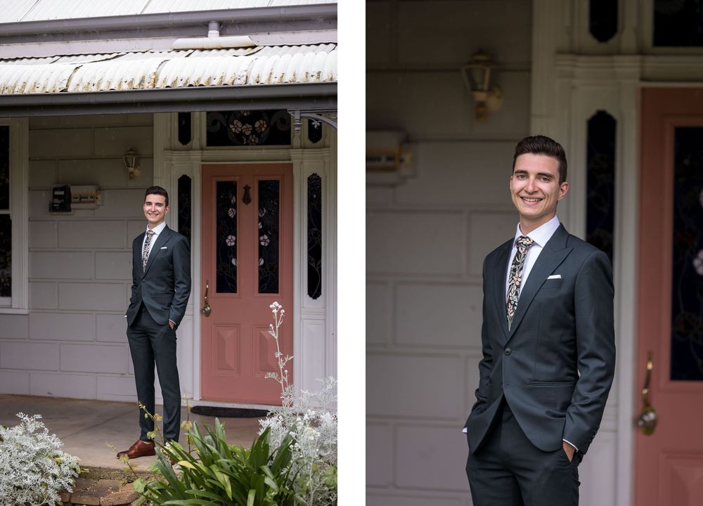 Groom in a Green wedding suit before his St.Leonards Vineyard winery wedding in Wahgunyah