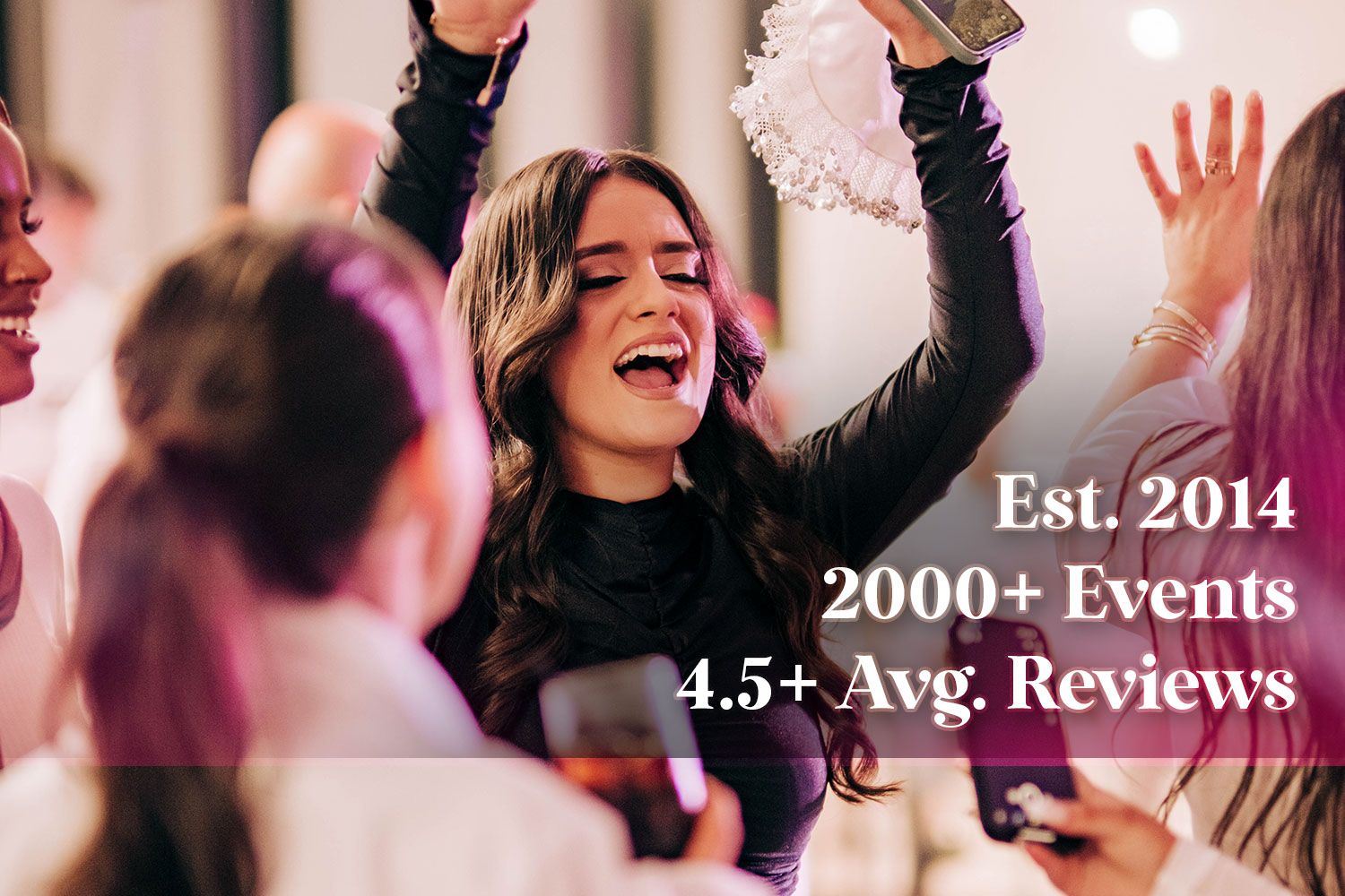 Marketing stats showing established date of 2014 with over 2000 events and 4.5+ average reviews.