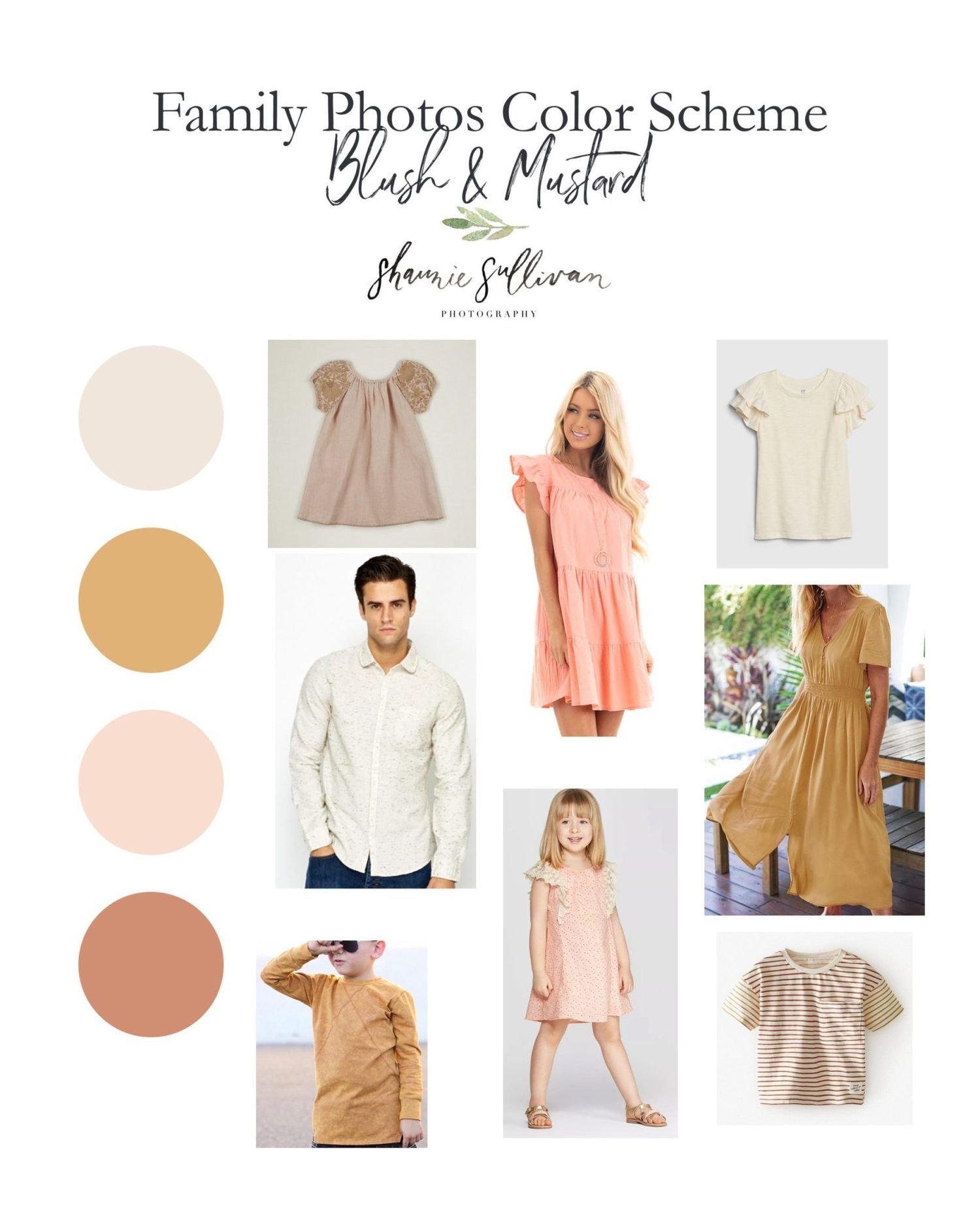 Family photo color scheme board with peach and neutral tones showcasing coordinated clothing options.