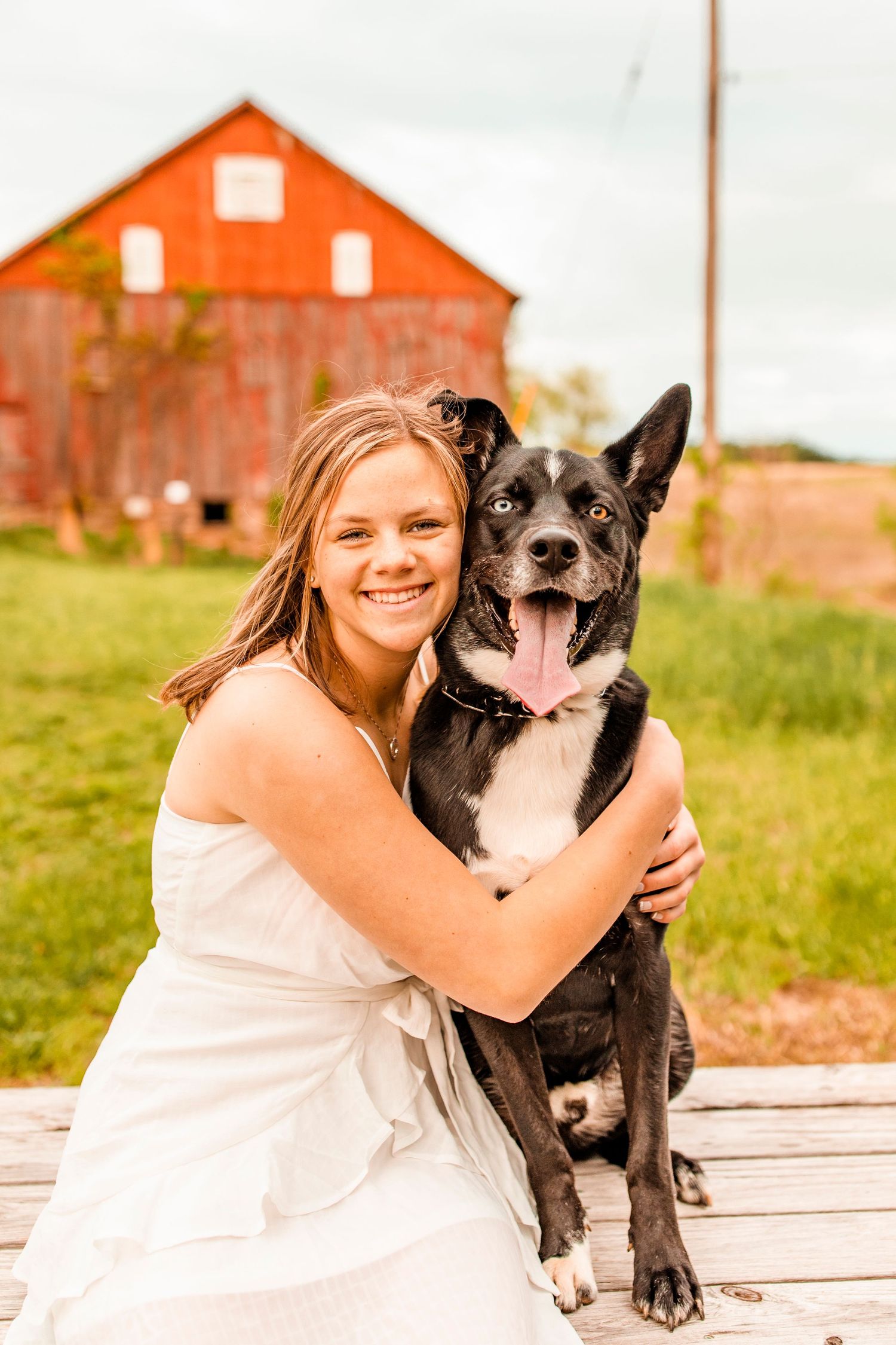 Smiling girl in white dress hugs black and white dog near red barn on farm.