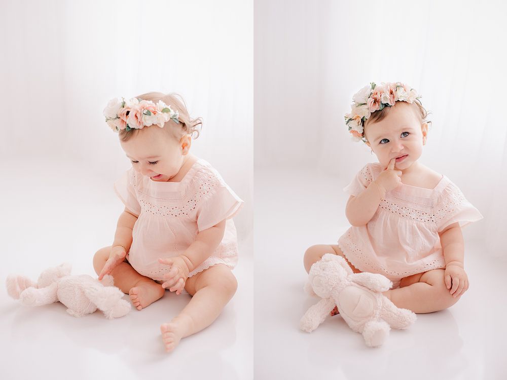 Side by side portraits of baby in pink dress with floral crown.