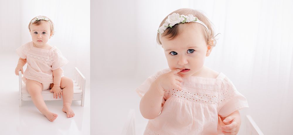 Two portrait shots of a baby in pink lace clothing against a white background.