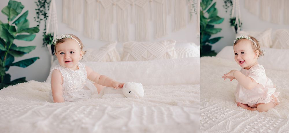 Two side-by-side photos of a baby playing with a white bunny toy on a bed.