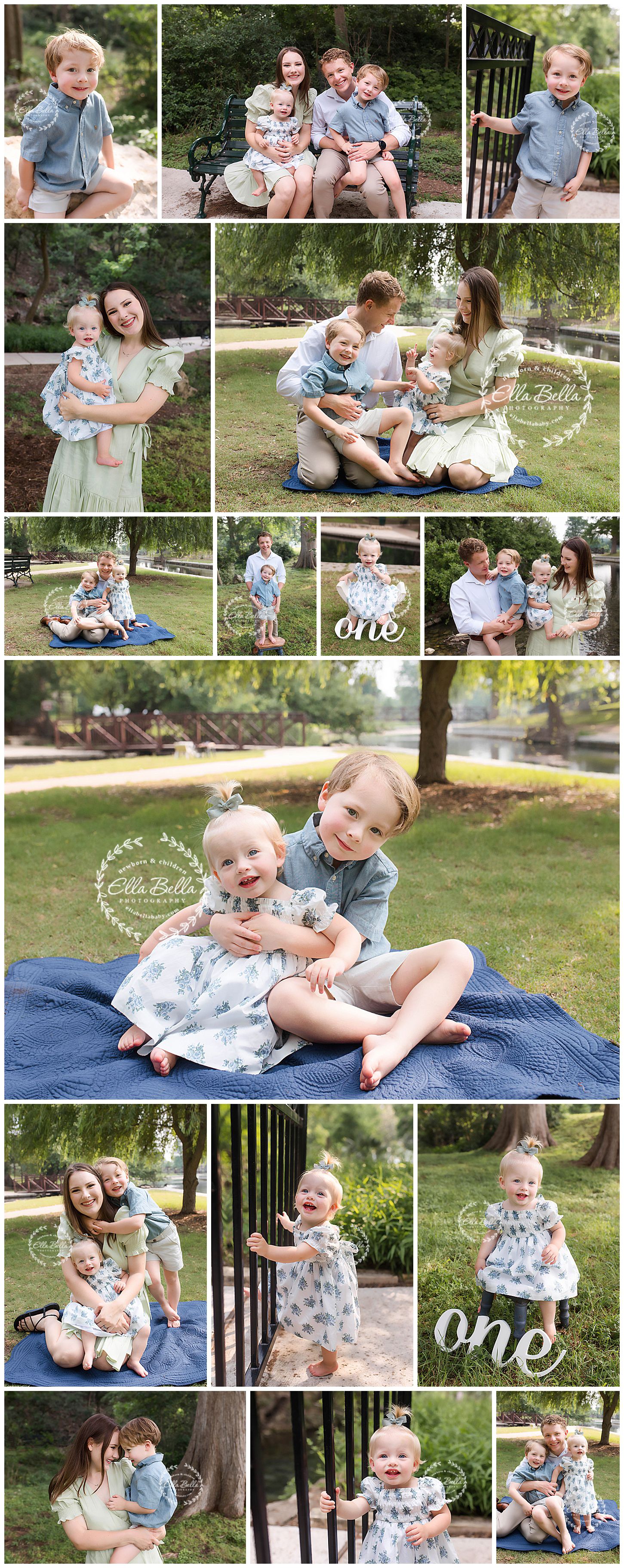 Collection of outdoor family photos featuring playful moments and milestone celebrations.