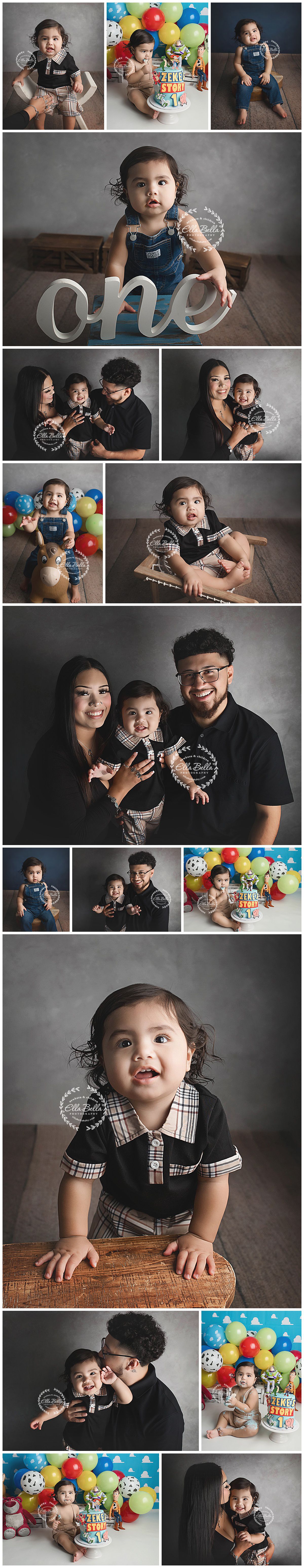 Professional photo collage featuring milestone portraits and studio family photos against gray backgrounds.