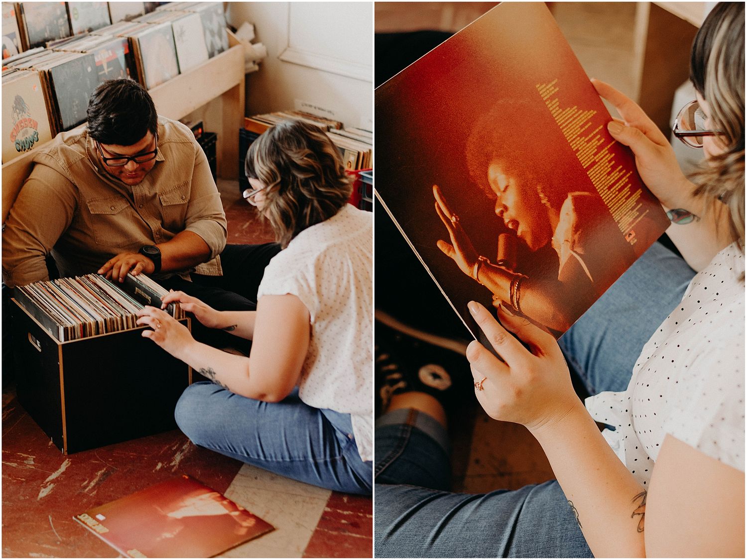 A couple explores vinyl records while sitting on a red floor in a music store.