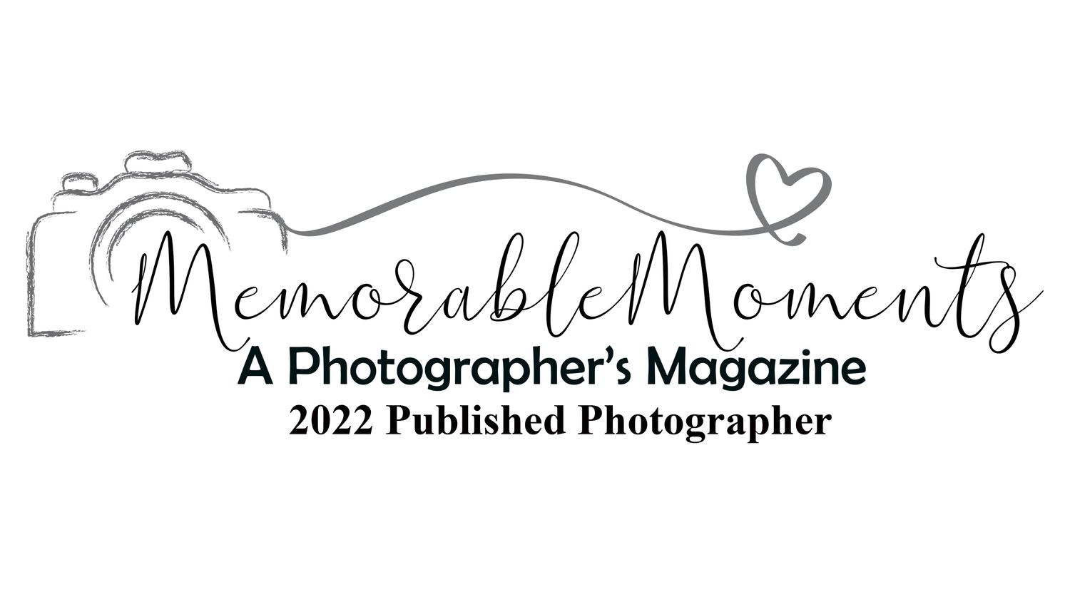 Black and white logo design for Memorable Moments photography magazine with camera icon and heart detail.