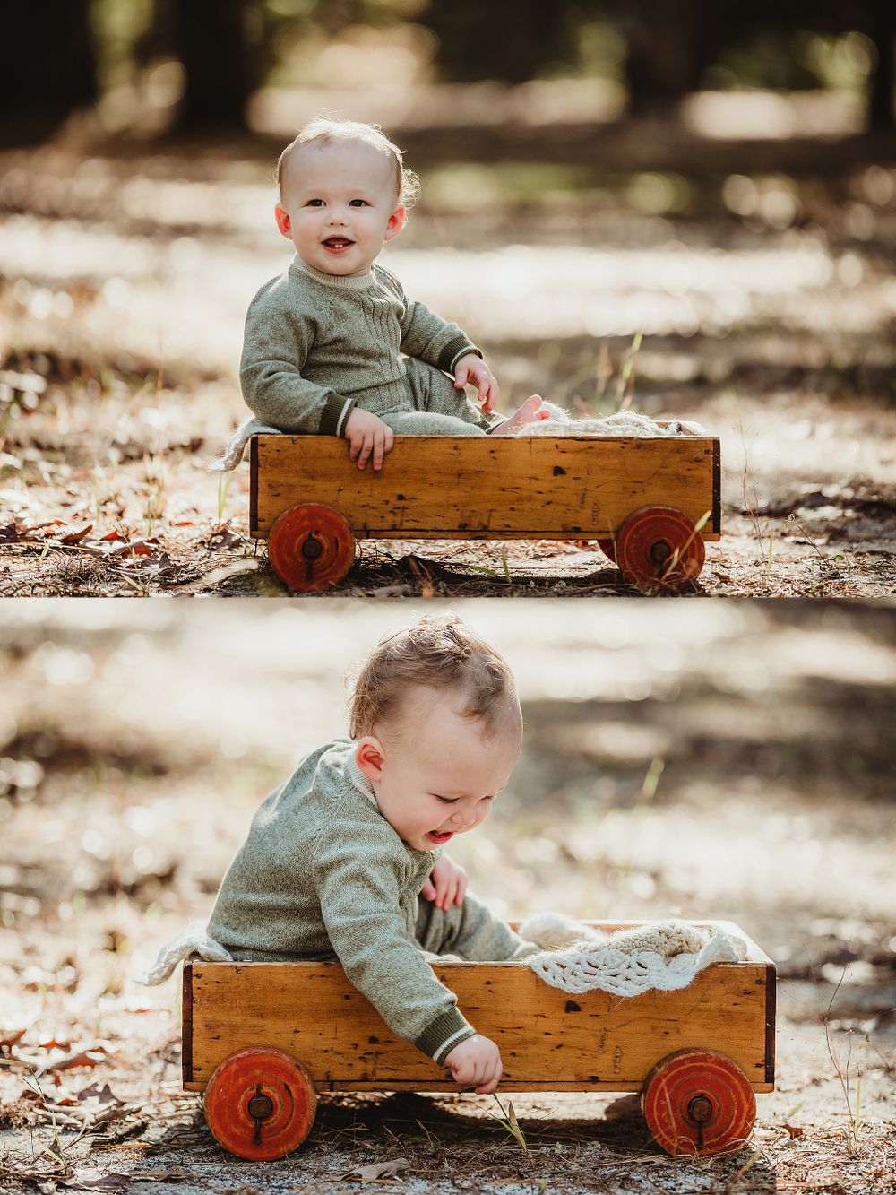Nostalgic portraits with vintage wooden wagon in autumn forest setting.