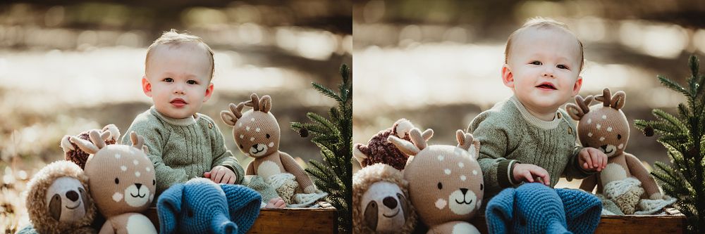 Smiling baby in green sweater sits with stuffed bears during outdoor photo session.