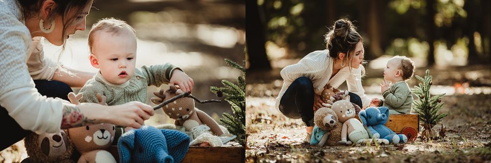 Intimate outdoor photography session showing natural interaction in woodland setting.