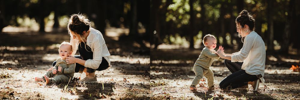 Golden sunlight filters through trees as family shares outdoor playtime.