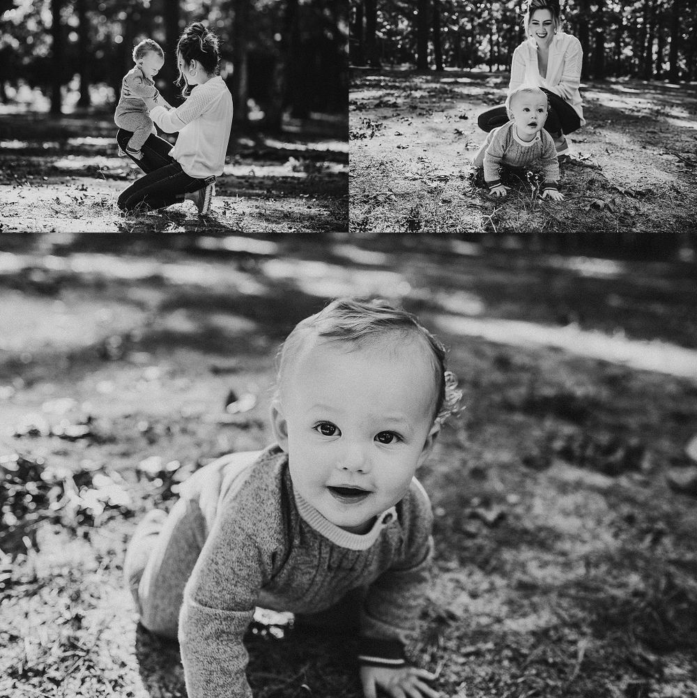 Collection of black and white photos showing playtime moments in an outdoor setting.