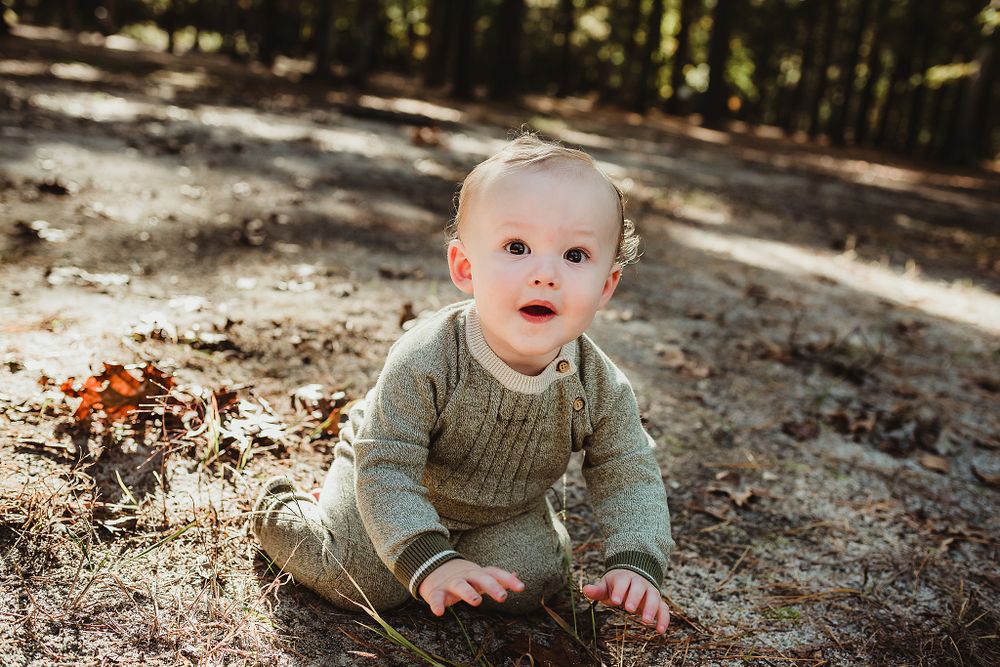 Baby in gray sweater sits on forest ground exploring fallen autumn leaves.