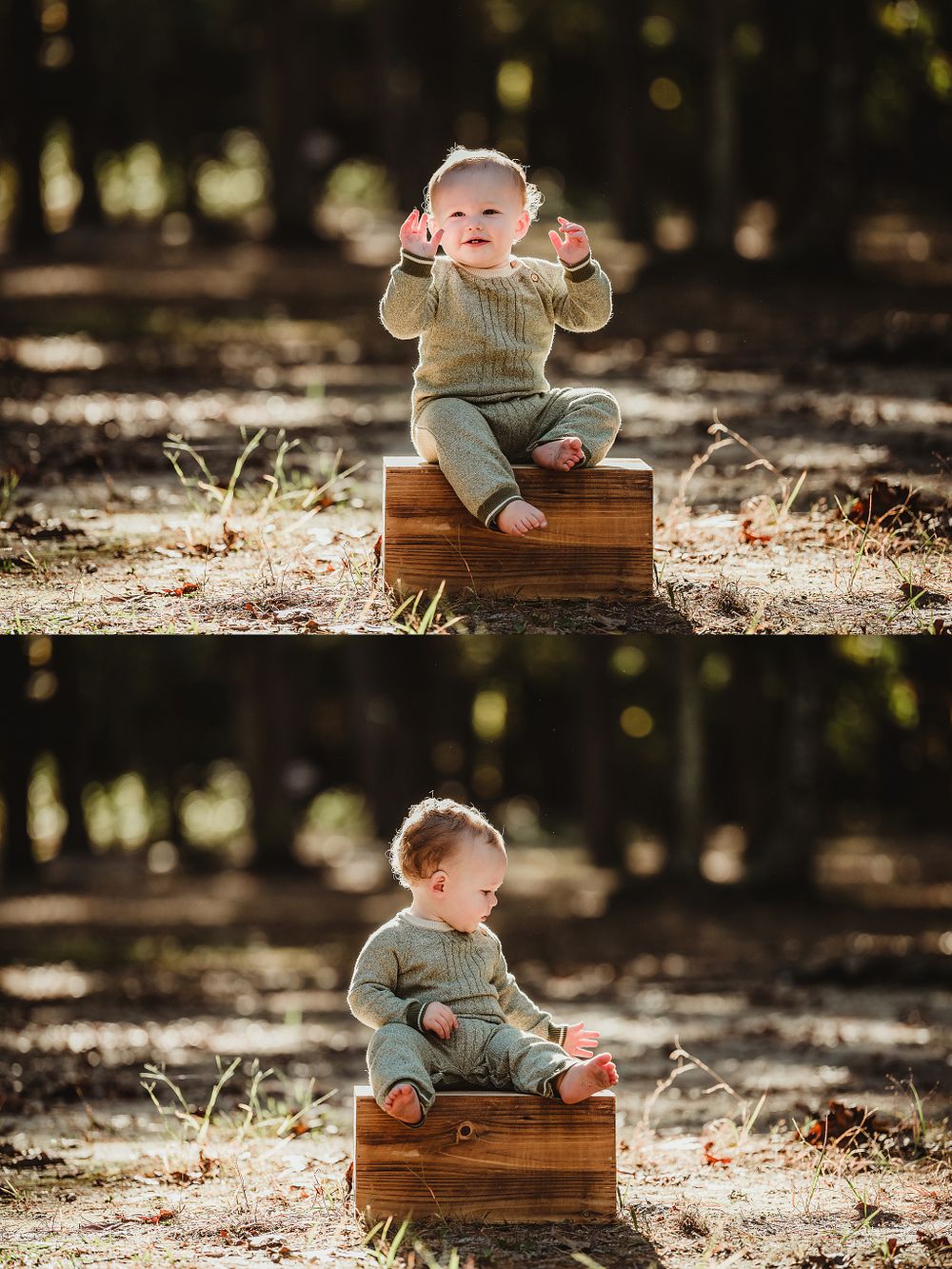 Small child in knit sweater sits on wooden box in sunlit wooded setting.
