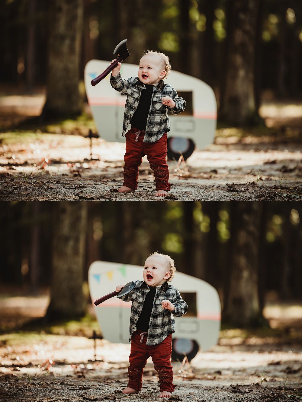 Playful scene with buffalo plaid shirt and toy microphone in front of retro camper display.