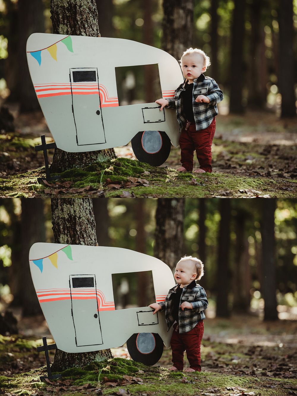 Decorative white cardboard camper with colorful bunting displayed against forest backdrop.