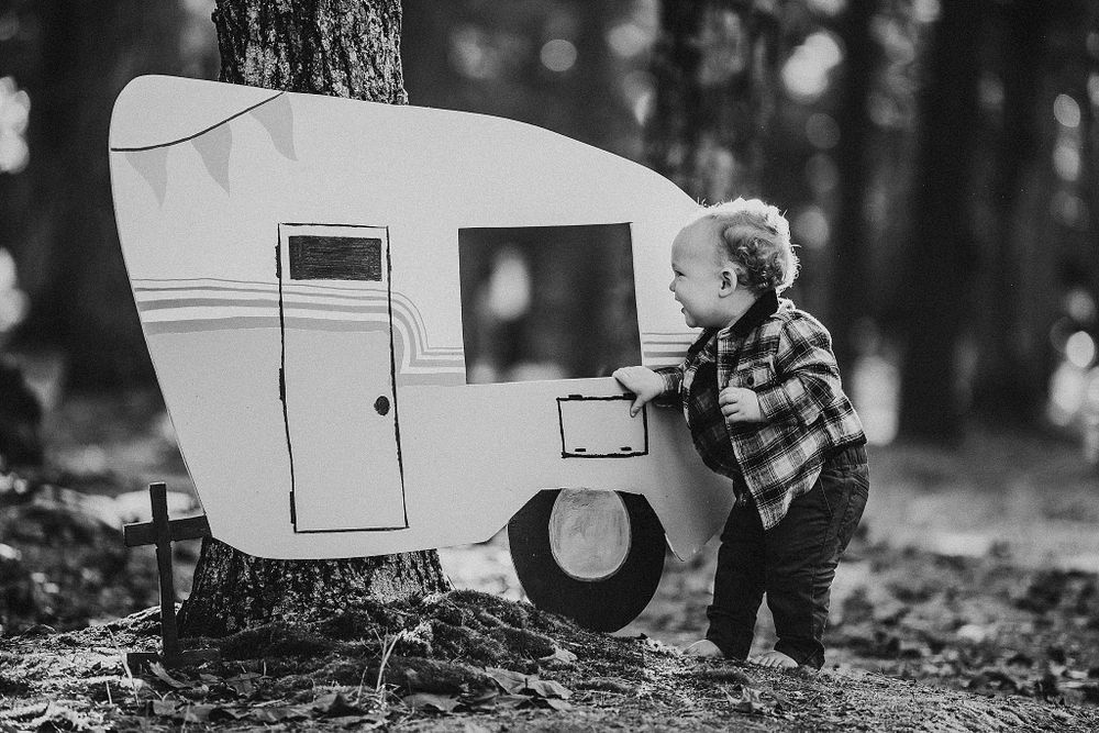 Small vintage-style cardboard camper cutout mounted on tree trunk in forest setting.