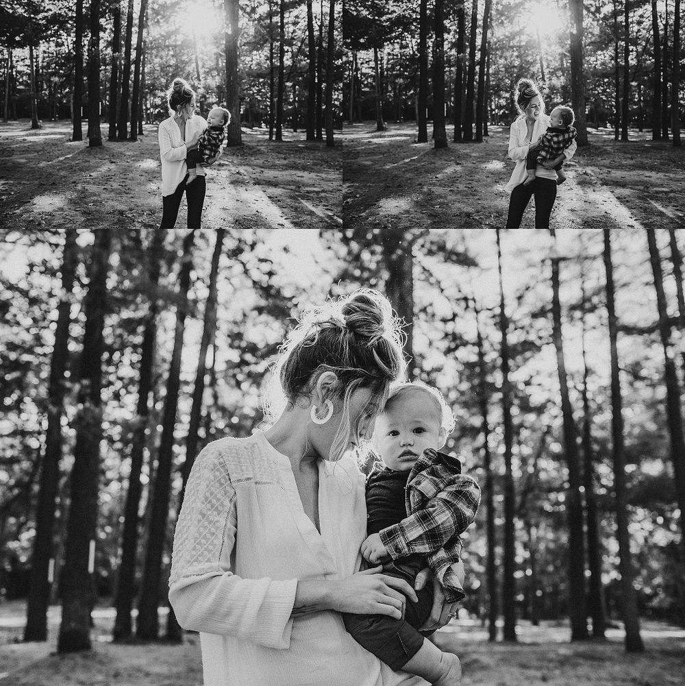 Collection of tender moments captured in a peaceful forest setting.