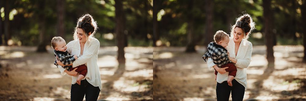 Candid moments captured in sunlit forest setting.
