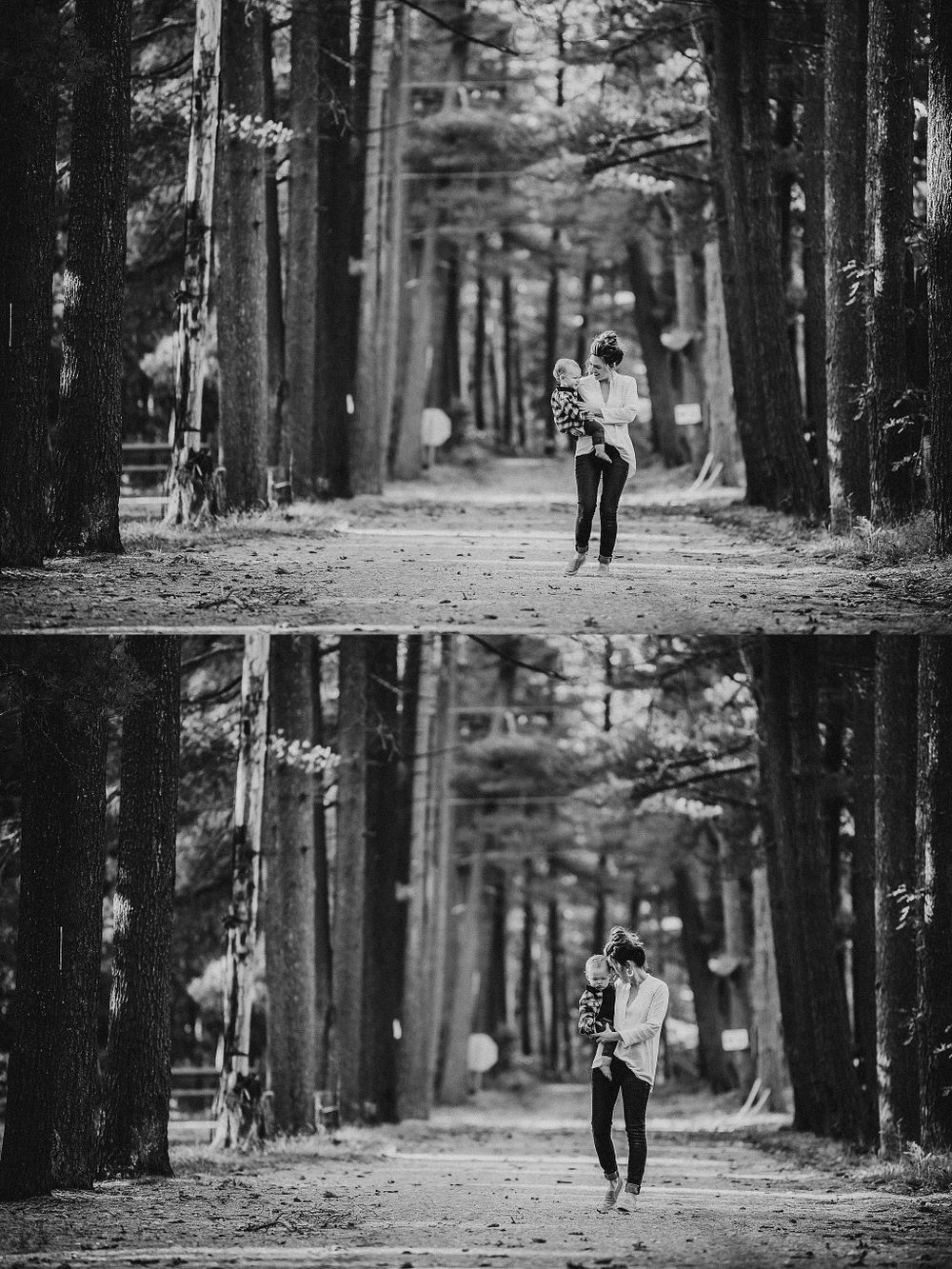 Black and white portrait showing a stroll through a serene forest path.