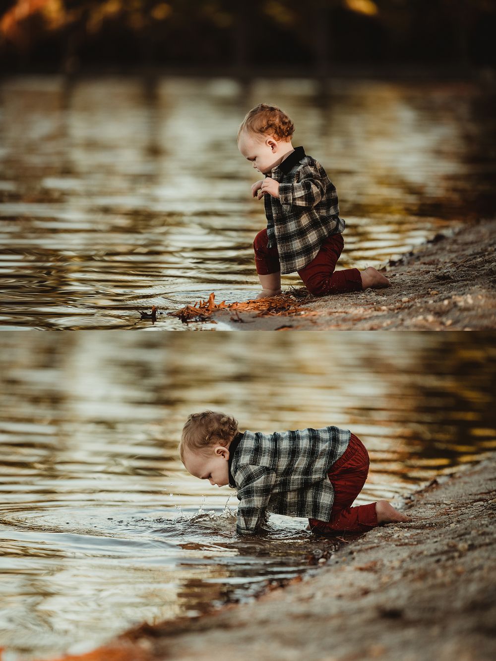Child in plaid shirt playing at the water's edge during golden hour.