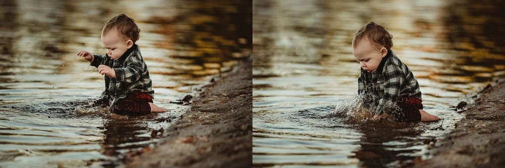 Two-photo series of young child playing in shallow water during golden hour.