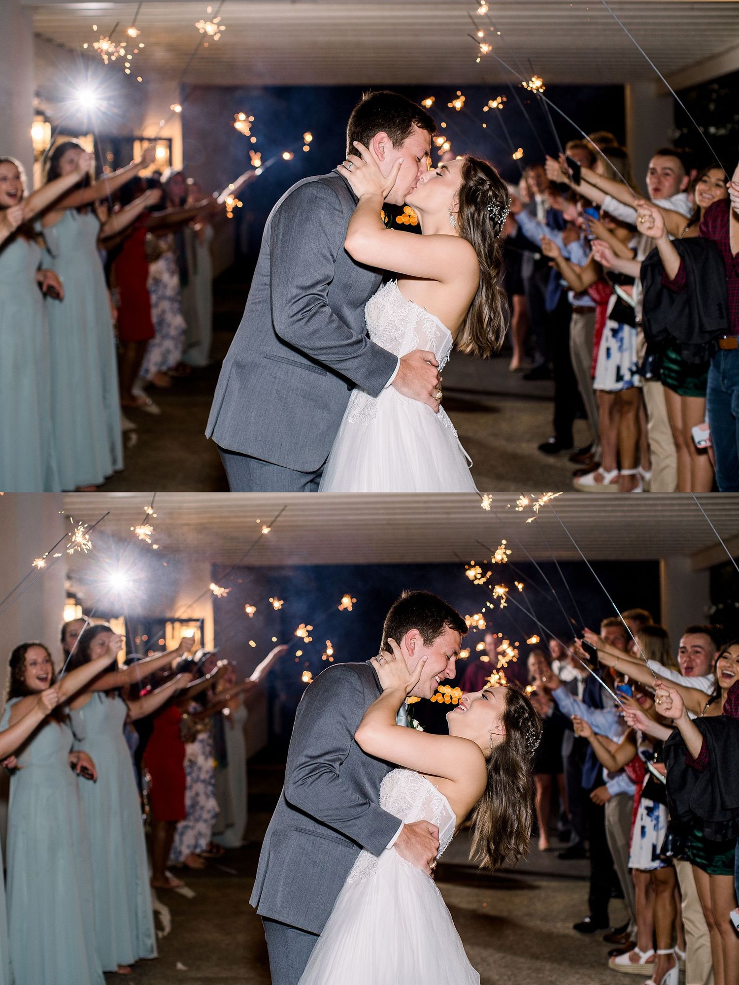 Wedding couple shares romantic sparkler exit kiss while guests create tunnel of light.