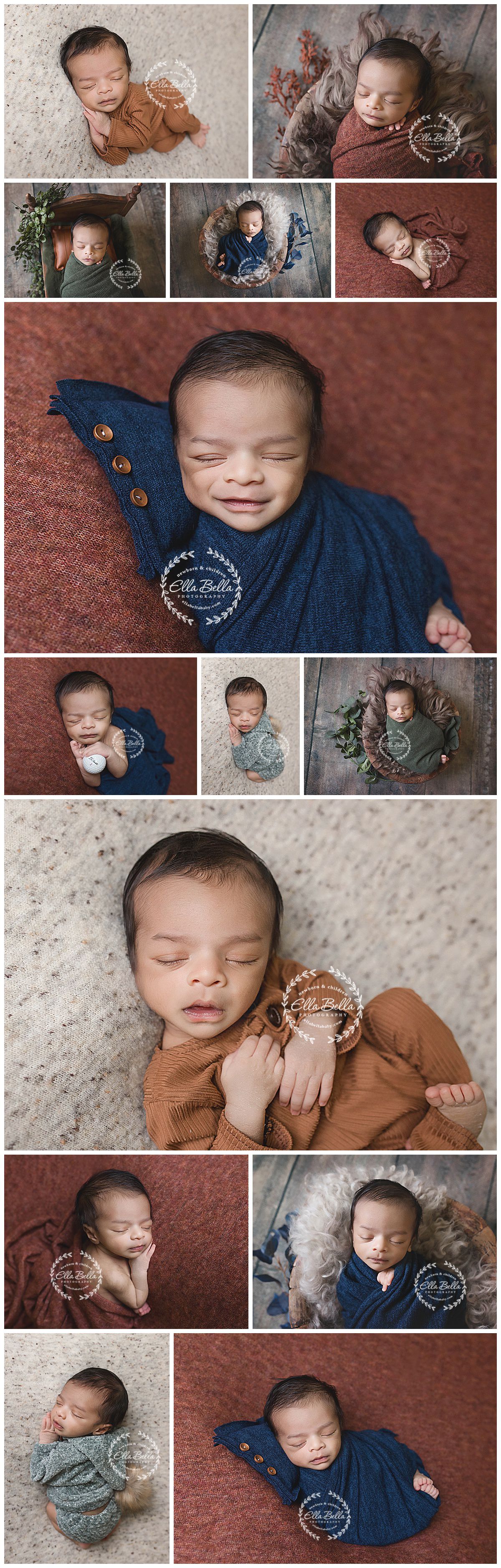 Newborn photo collection featuring baby in navy, brown and sage wraps with various studio setups.