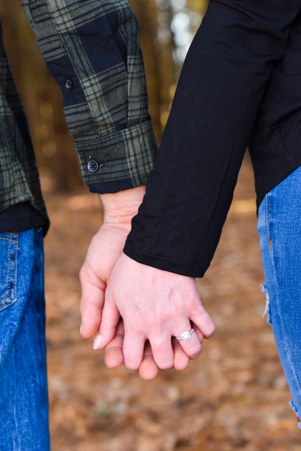 Series of photos showing couple holding hands while wearing casual autumn attire.