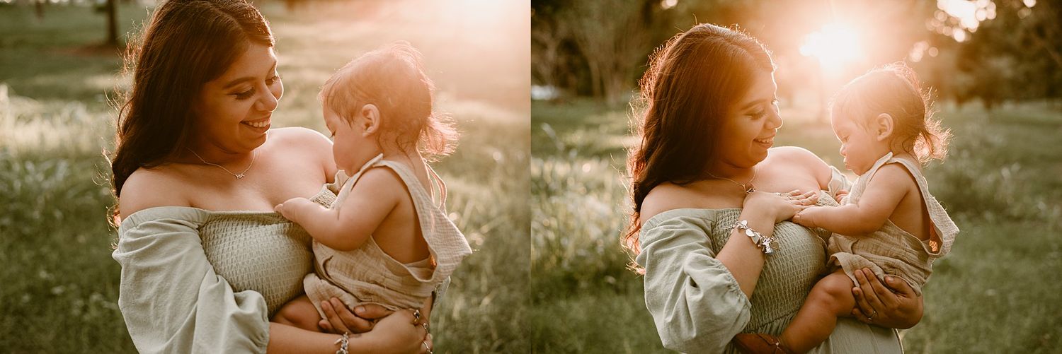Side-by-side golden hour portraits showing tender moments in a park setting.