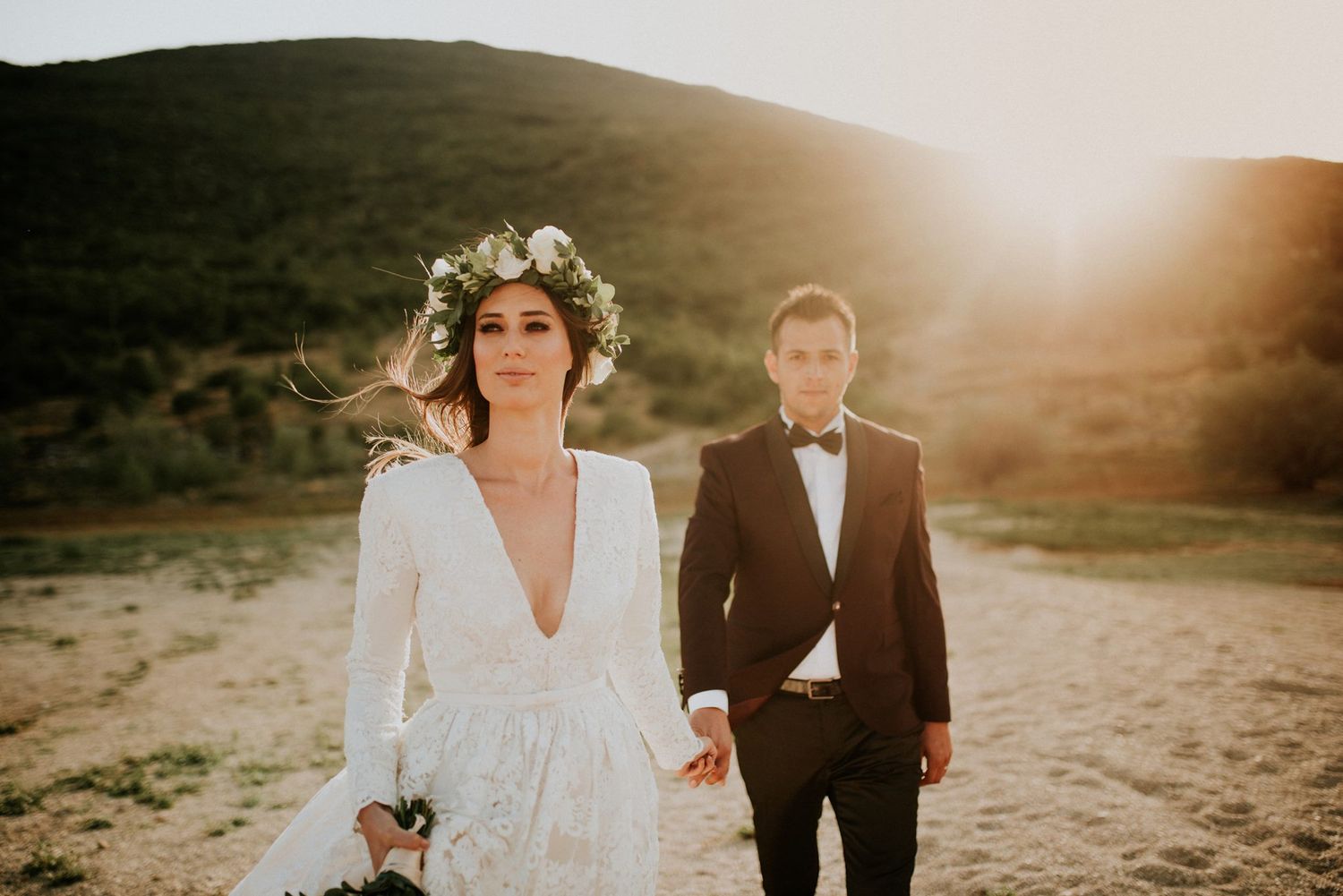 Sunset wedding portrait of bride and groom at Livno BIH.