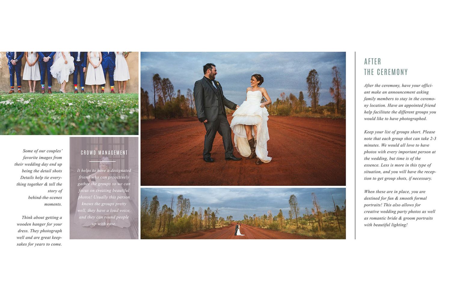 Photography website layout displaying engagement session information and sample images.