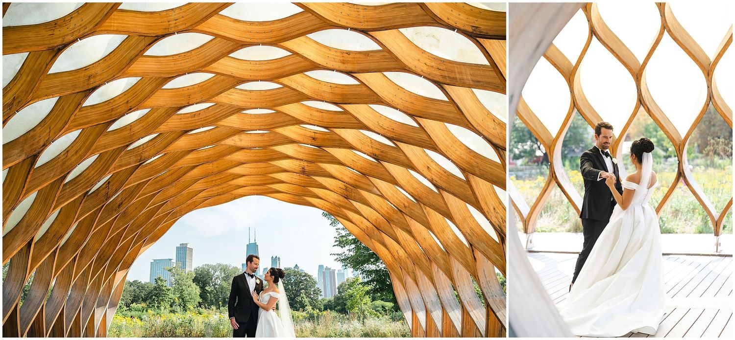 Wedding photos taken under a modern wooden honeycomb-style architectural structure in a park setting.
