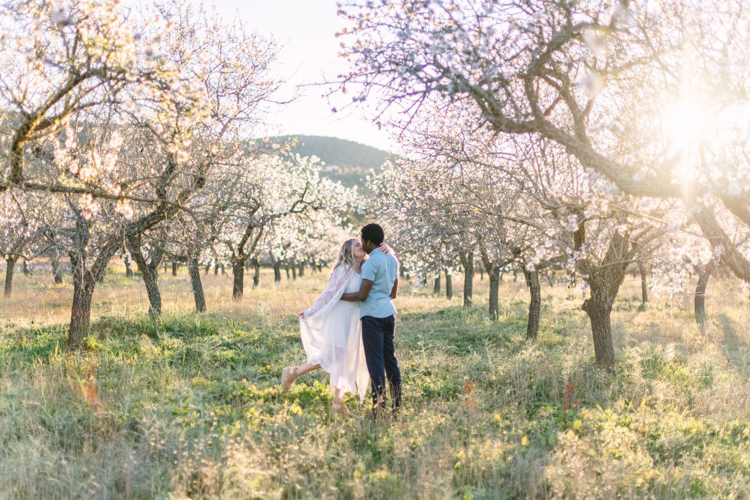 A couple kiss in an the almond blossom field in Ibiza with the sun shining through the trees