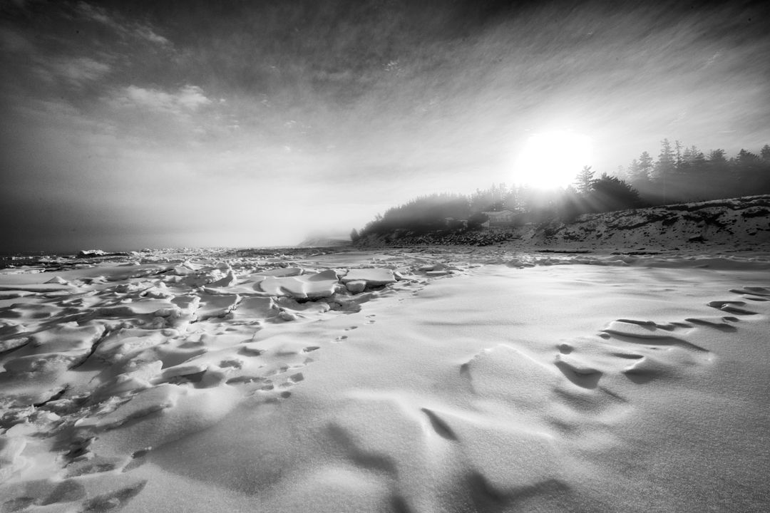 Dramatic black and white winter landscape with snow drifts and stormy sky.