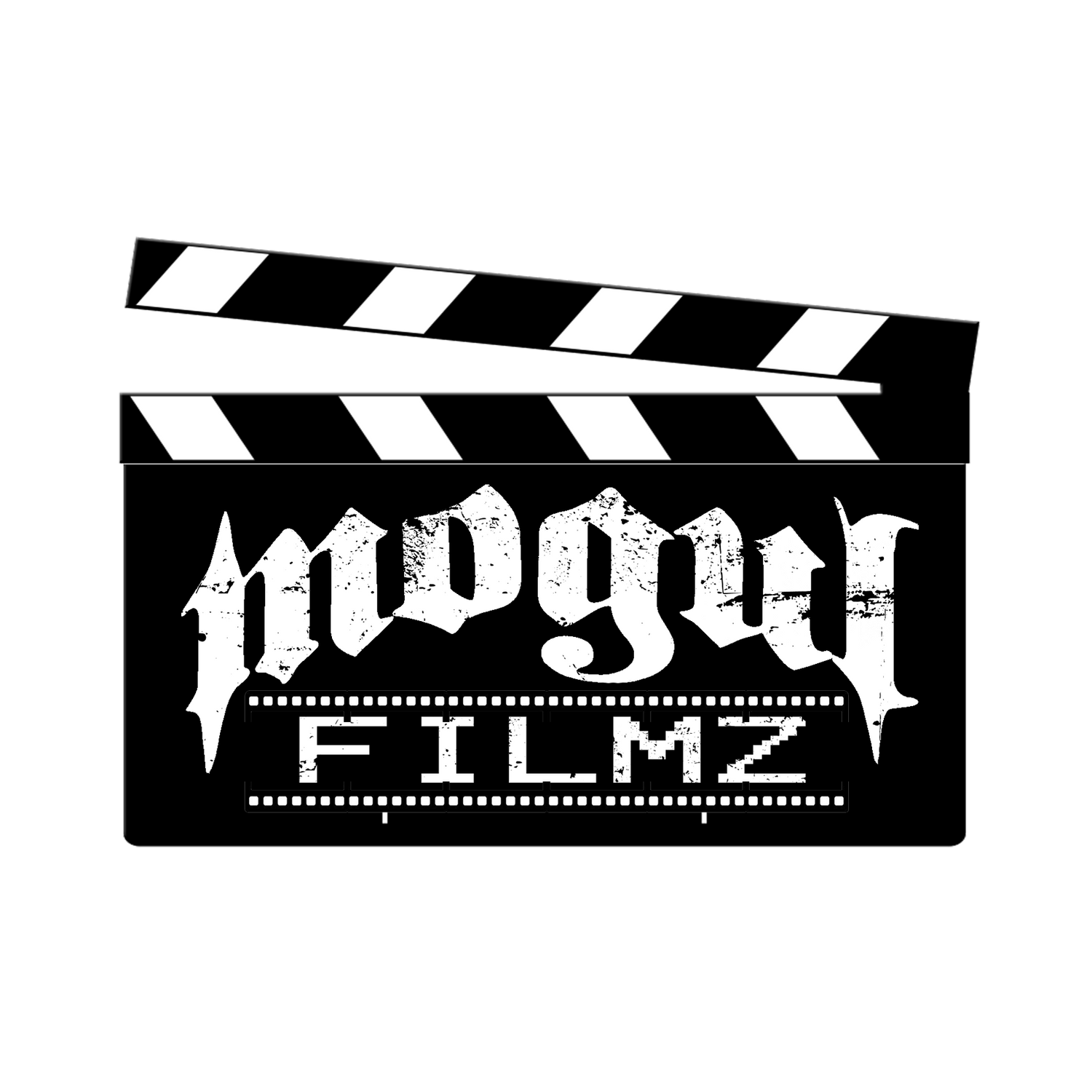 Mogul Filmz black and white movie clapperboard logo with gothic lettering on white background.