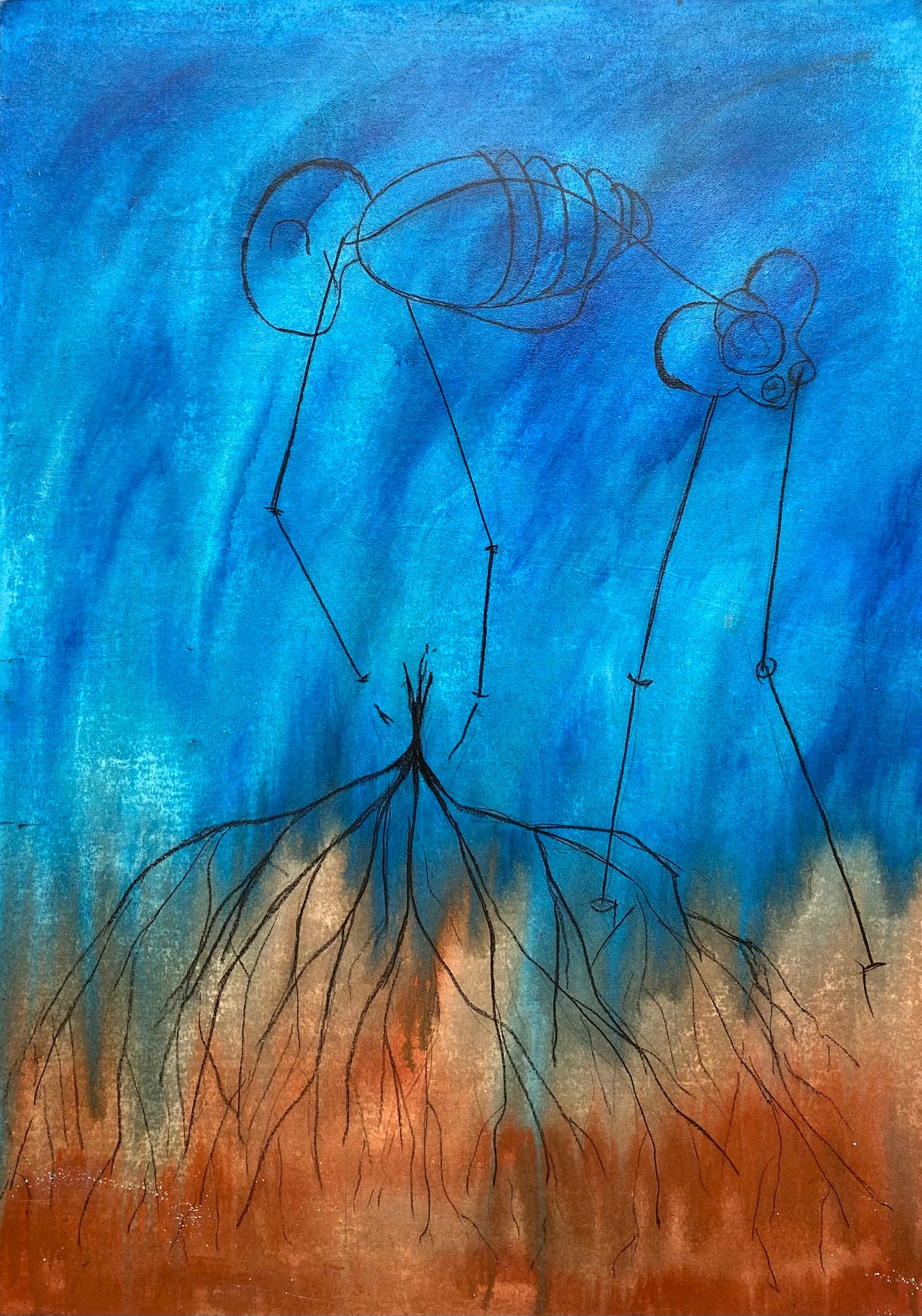 'Obtuse' acrylic painting on canvas. Stick-like figure pulling roots against a blue and orange background.
