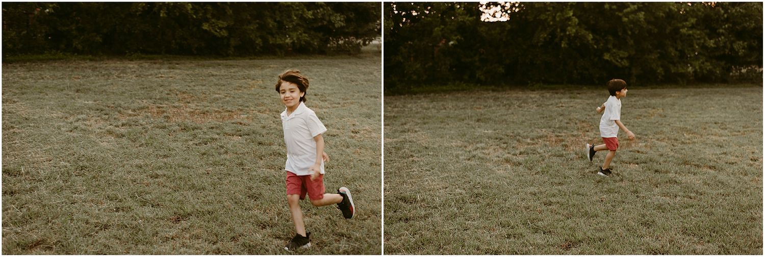 Children running and playing in a grassy field during sunset.