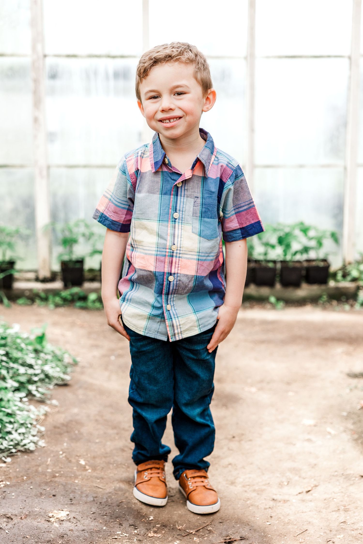 A figure in a plaid shirt and jeans stands in a greenhouse walkway.